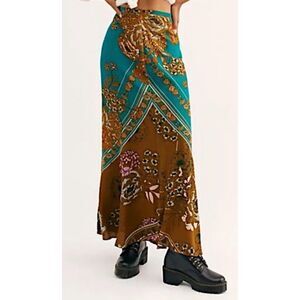 FREE PEOPLE Bali After Hours Boho Brown Teal Floral Maxi Skirt Womens Medium